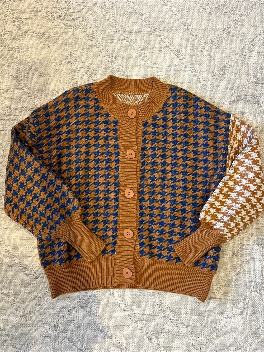 Chunky Houndstooth Button-Front Sweater Cardigan - Brown/Blue